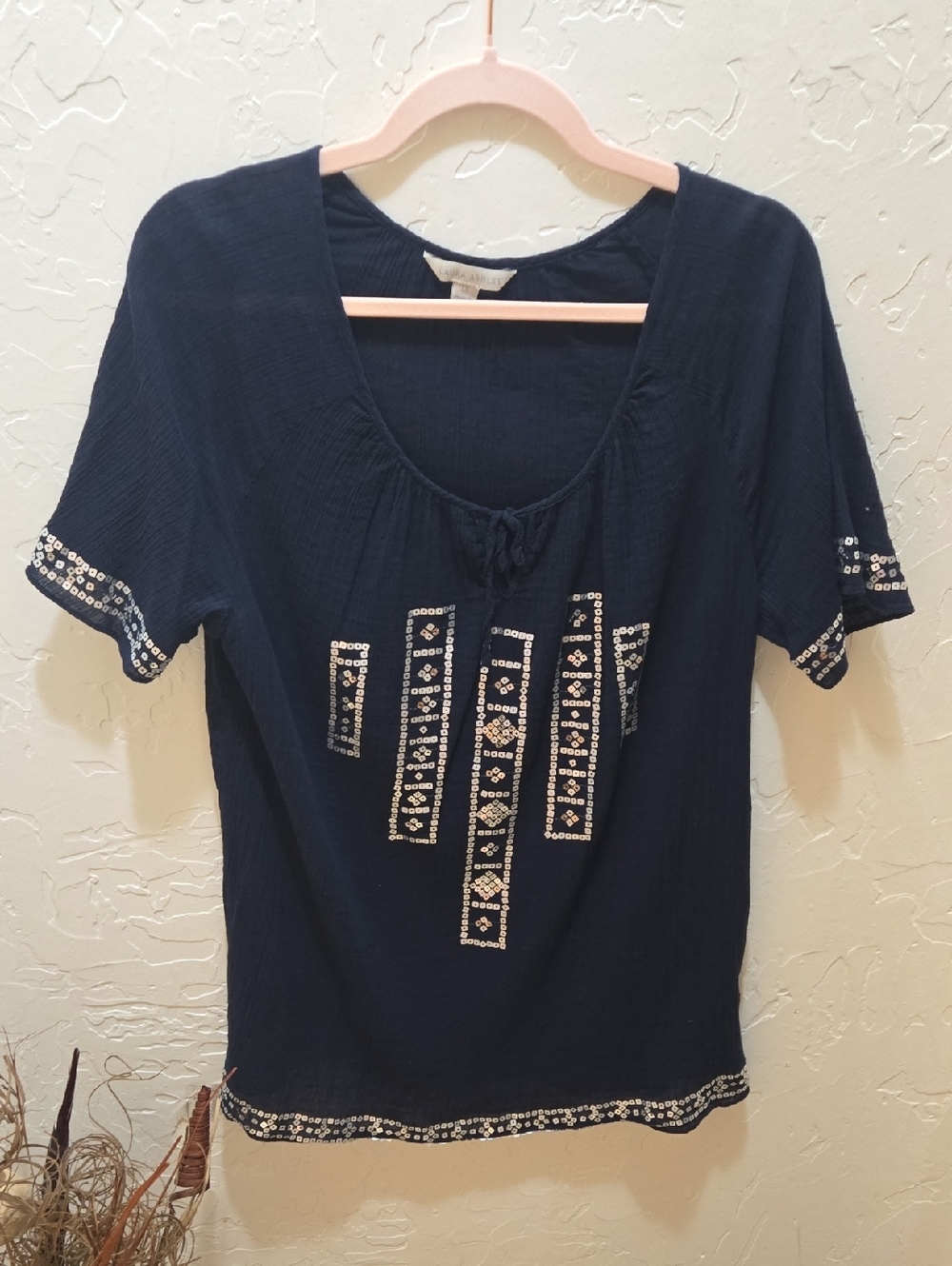Laura Ashley Navy Blue Embroidered Scoop-Neck Tunic